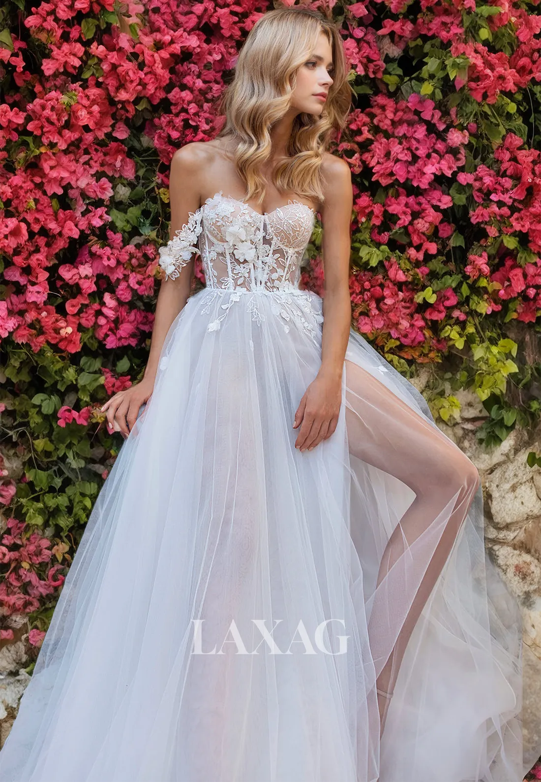 A-Line Off Shoulder Appliques Tulle High Slit Wedding Dress with Train