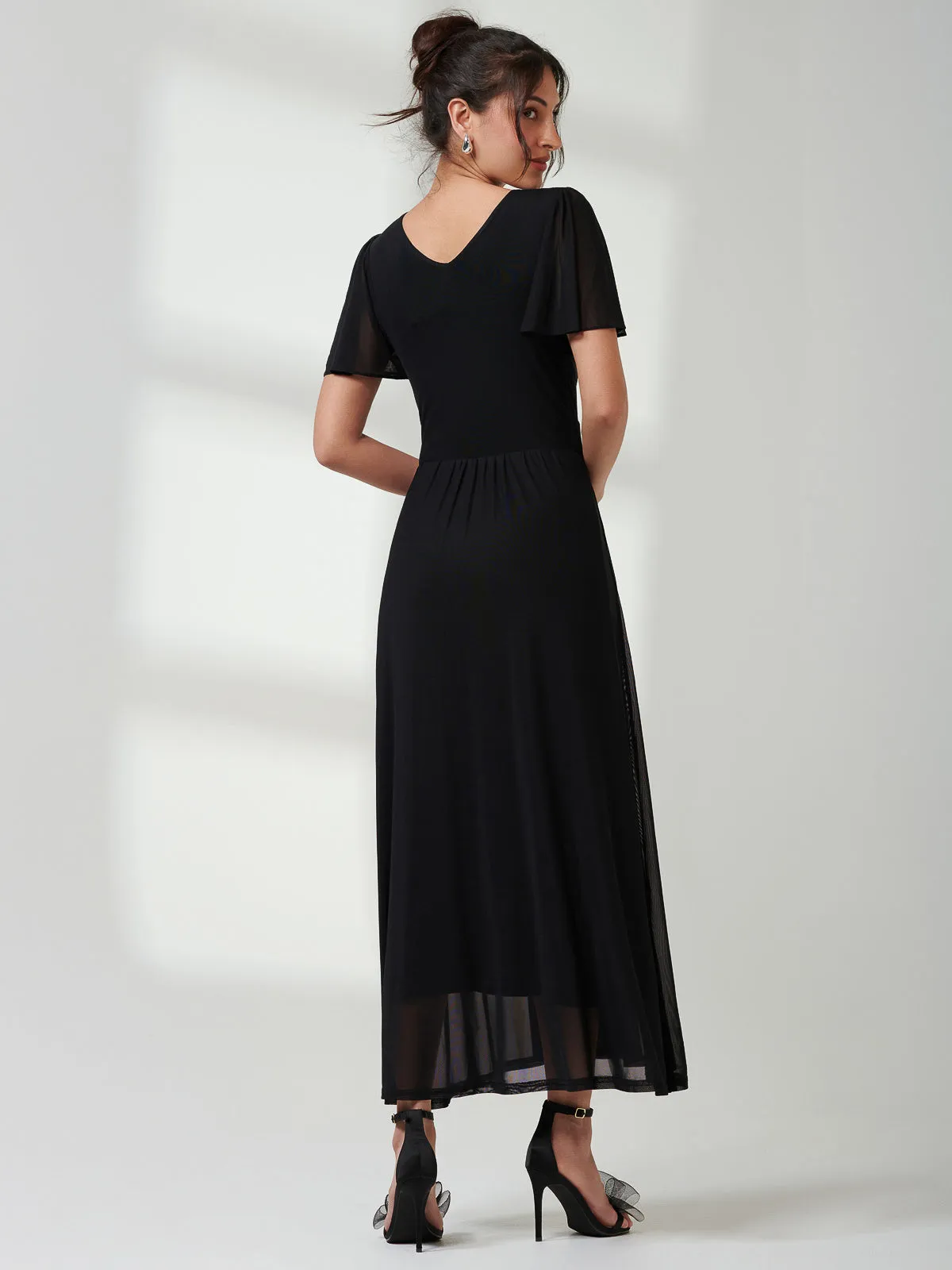 Angel Sleeve Mesh Maxi Dress, Black