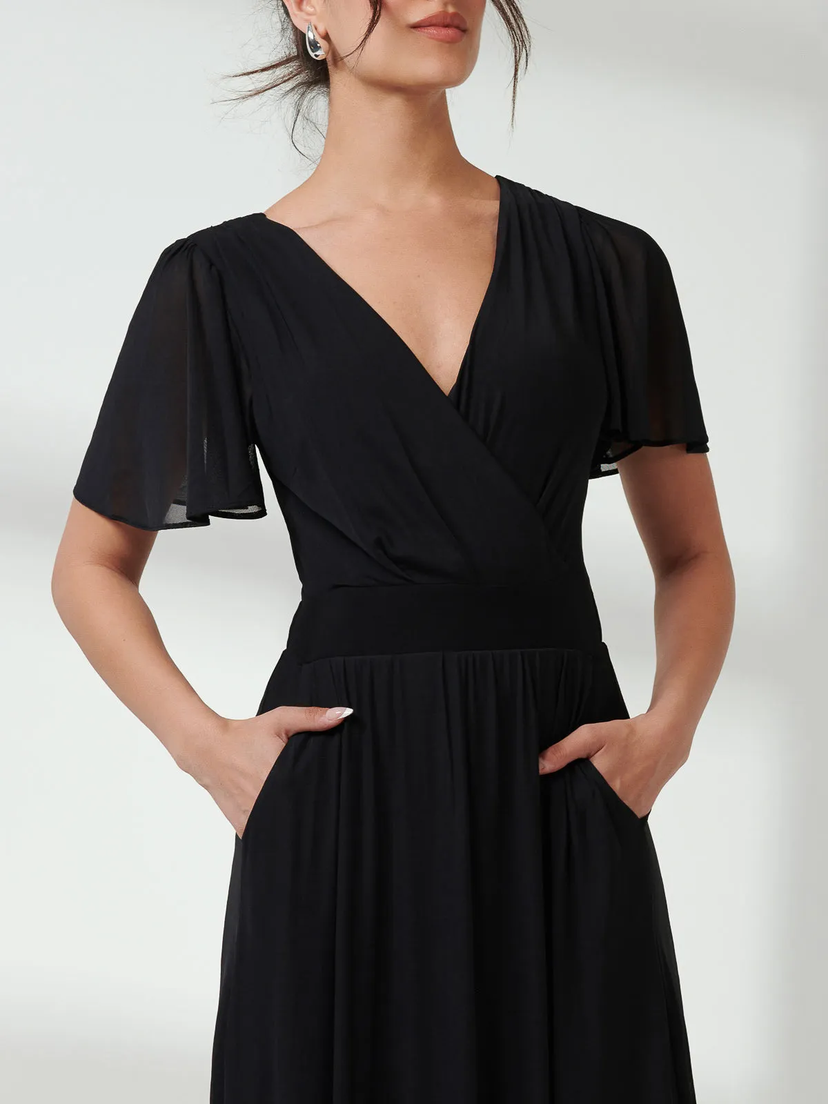 Angel Sleeve Mesh Maxi Dress, Black