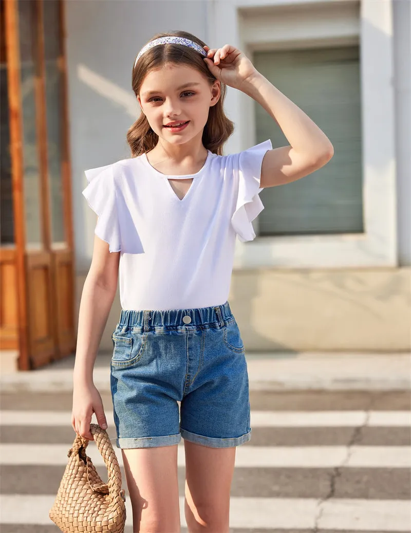 Arshiner Girls Shirts Short Sleeve Tee Ruffle Solid Summer Tops