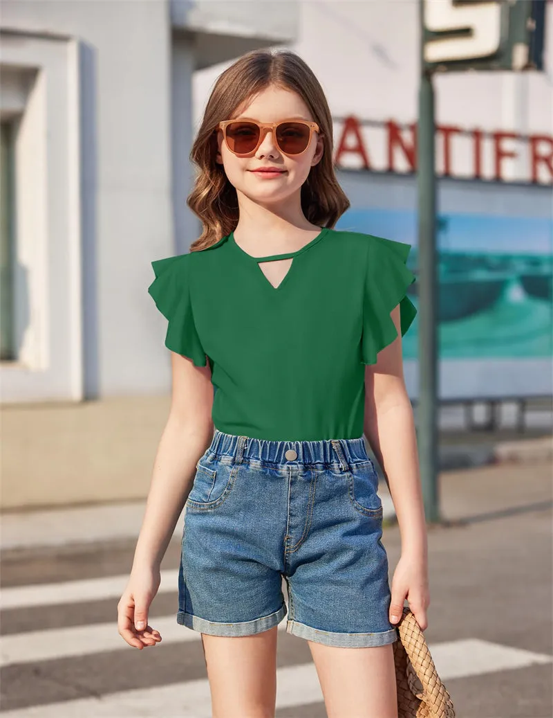 Arshiner Girls Shirts Short Sleeve Tee Ruffle Solid Summer Tops