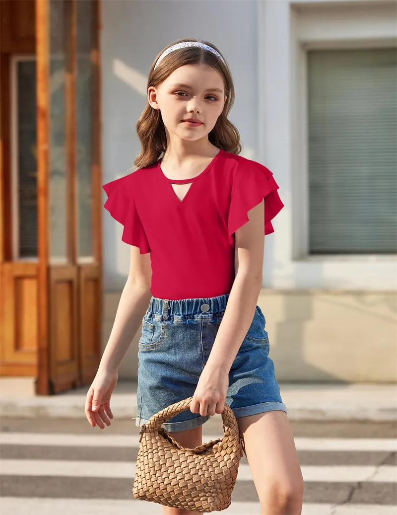 Arshiner Girls Shirts Short Sleeve Tee Ruffle Solid Summer Tops