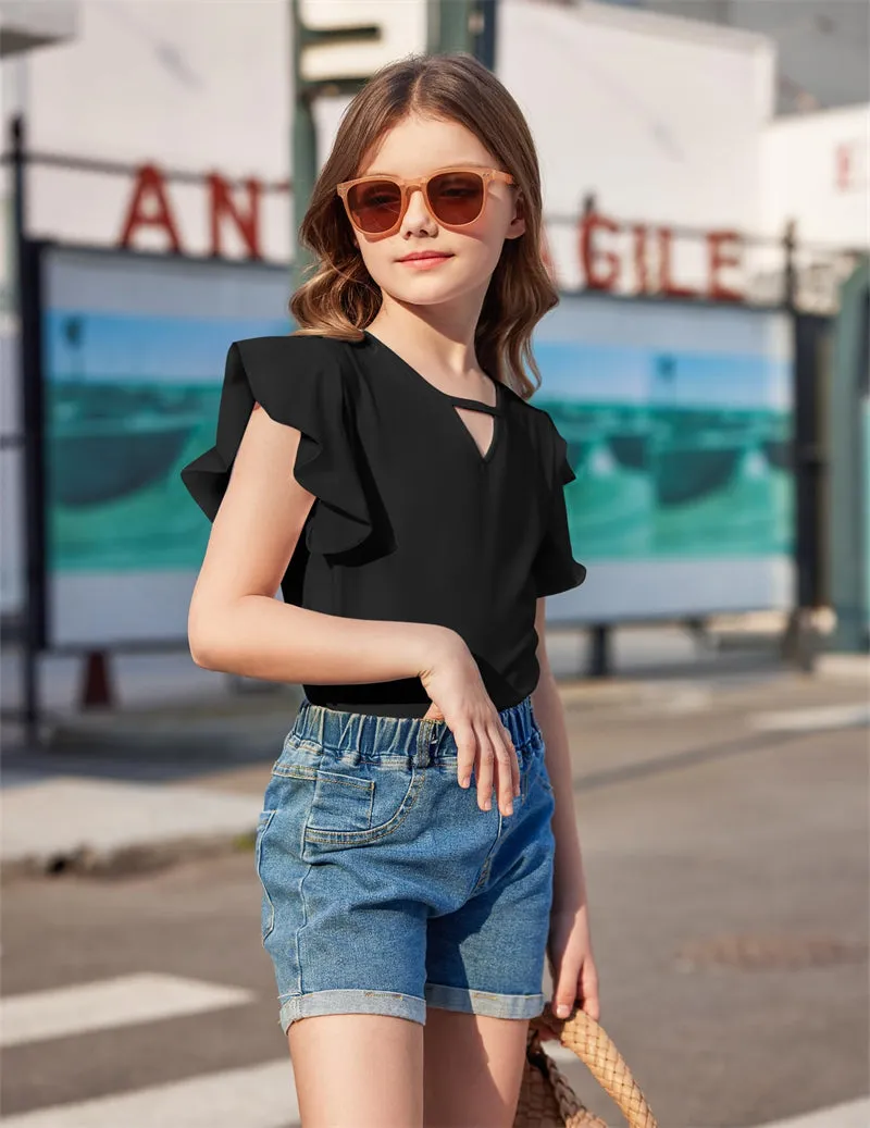 Arshiner Girls Shirts Short Sleeve Tee Ruffle Solid Summer Tops