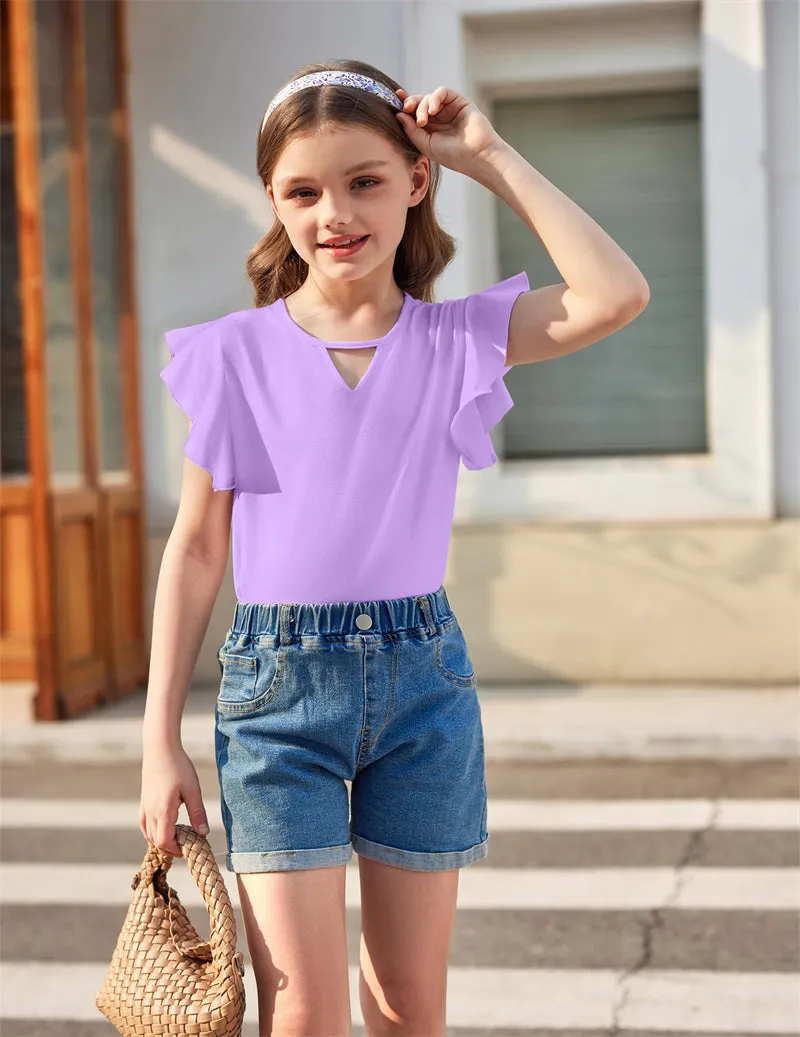 Arshiner Girls Shirts Short Sleeve Tee Ruffle Solid Summer Tops