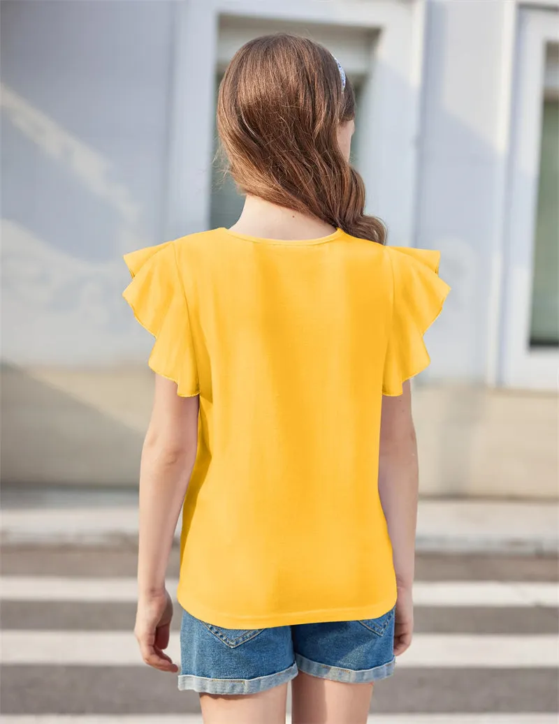 Arshiner Girls Shirts Short Sleeve Tee Ruffle Solid Summer Tops