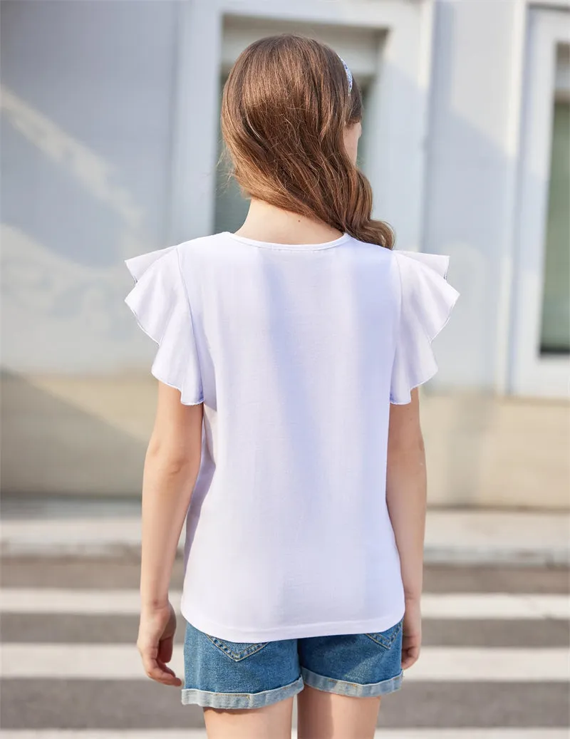 Arshiner Girls Shirts Short Sleeve Tee Ruffle Solid Summer Tops