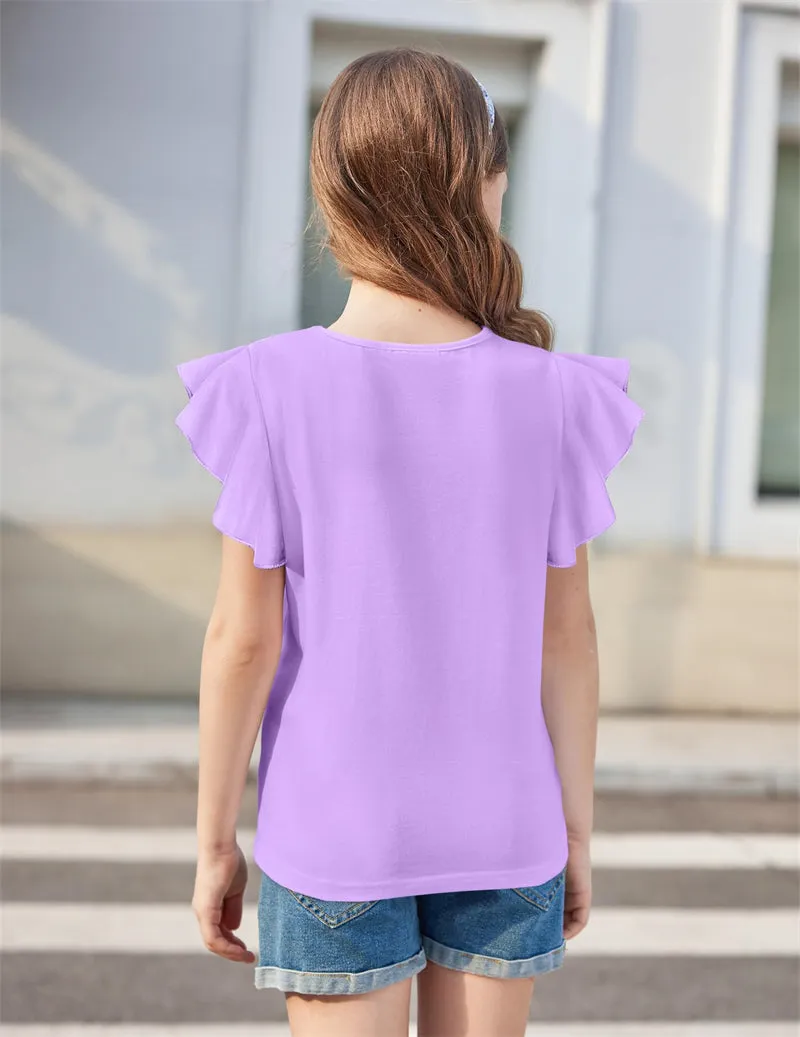 Arshiner Girls Shirts Short Sleeve Tee Ruffle Solid Summer Tops