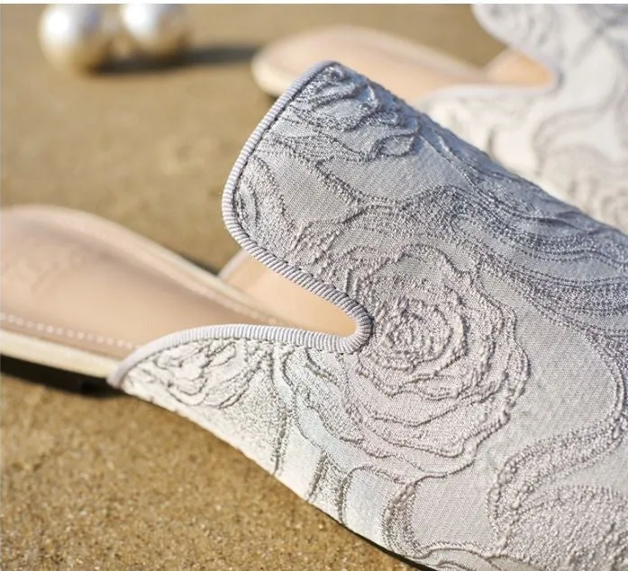B-FEI high quality high-grade gray French half-drag flower mules -Rose Story