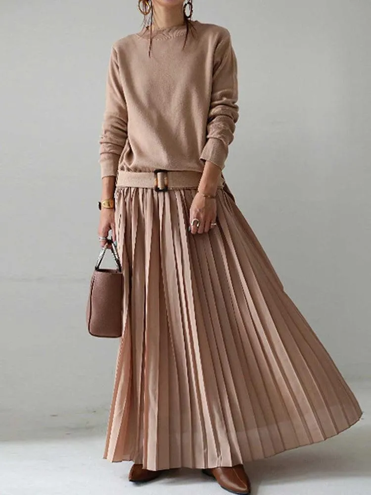 Belt Solid Pullover Knit Panel Pleated Dress