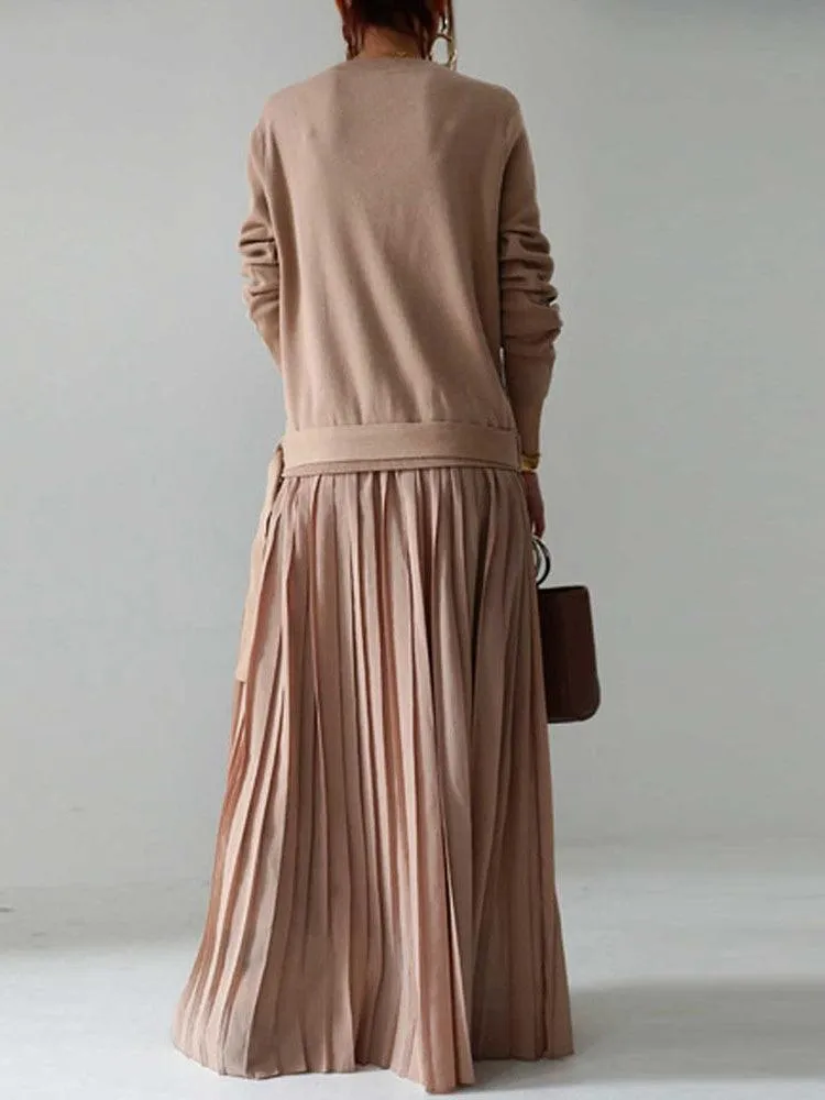 Belt Solid Pullover Knit Panel Pleated Dress