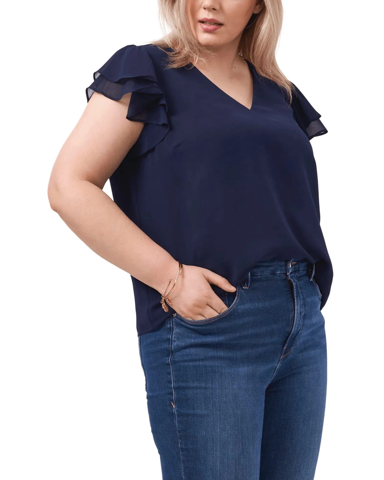Billie Flutter-Sleeve Top | TWILIGHT NAVY