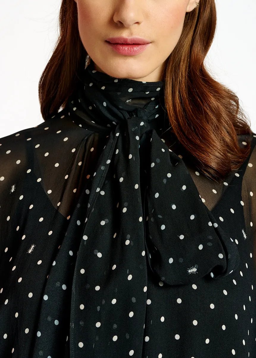 Black and off-white voluminous dotted sheer top