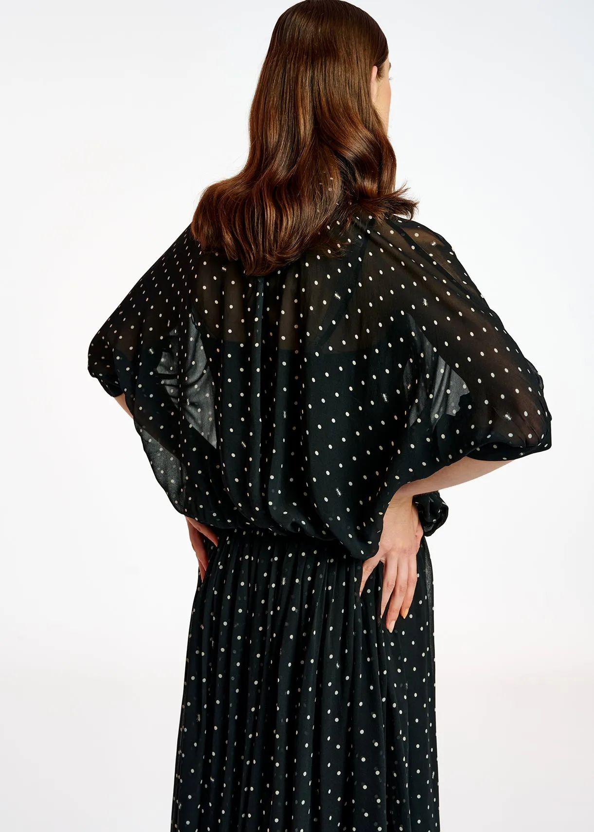 Black and off-white voluminous dotted sheer top