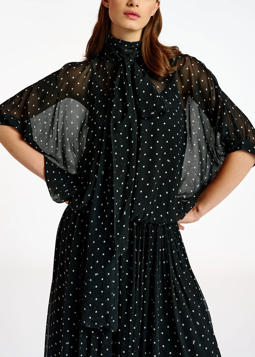 Black and off-white voluminous dotted sheer top