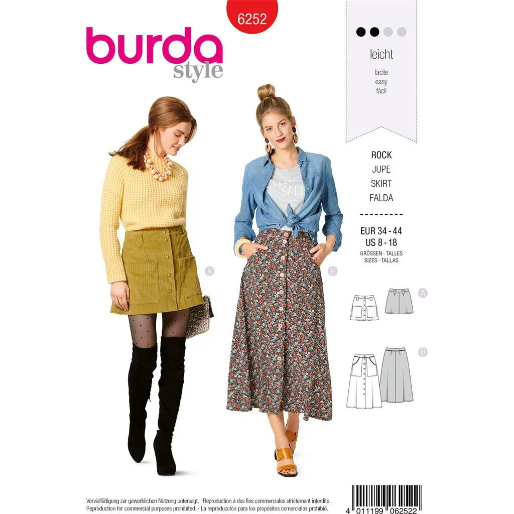 Burda Style Pattern B6252 Misses' Skirts, Front Fastening, Mini or Midi Length with Pocket Variations