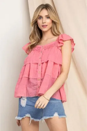 Buttoned Ruffled Top Strawberry