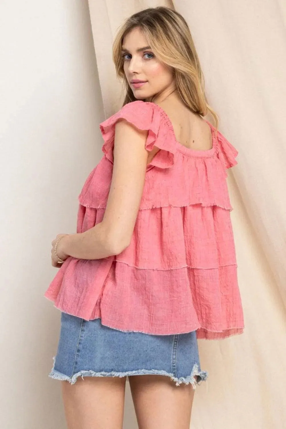 Buttoned Ruffled Top Strawberry