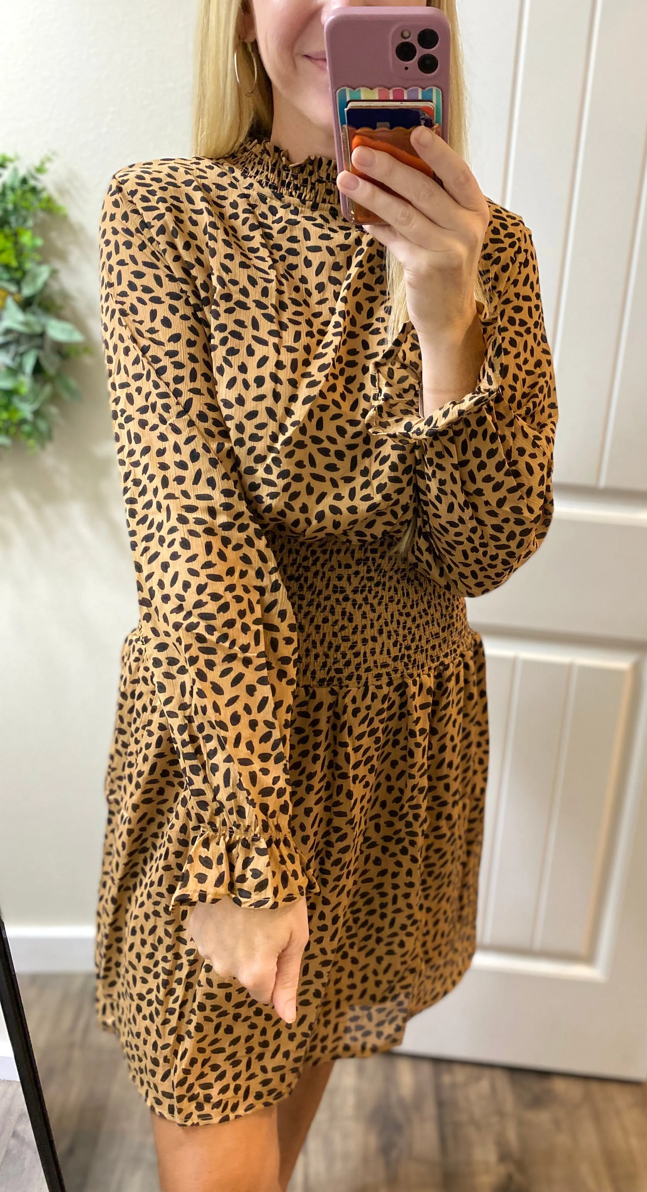 Camel Dot Smocked Dress