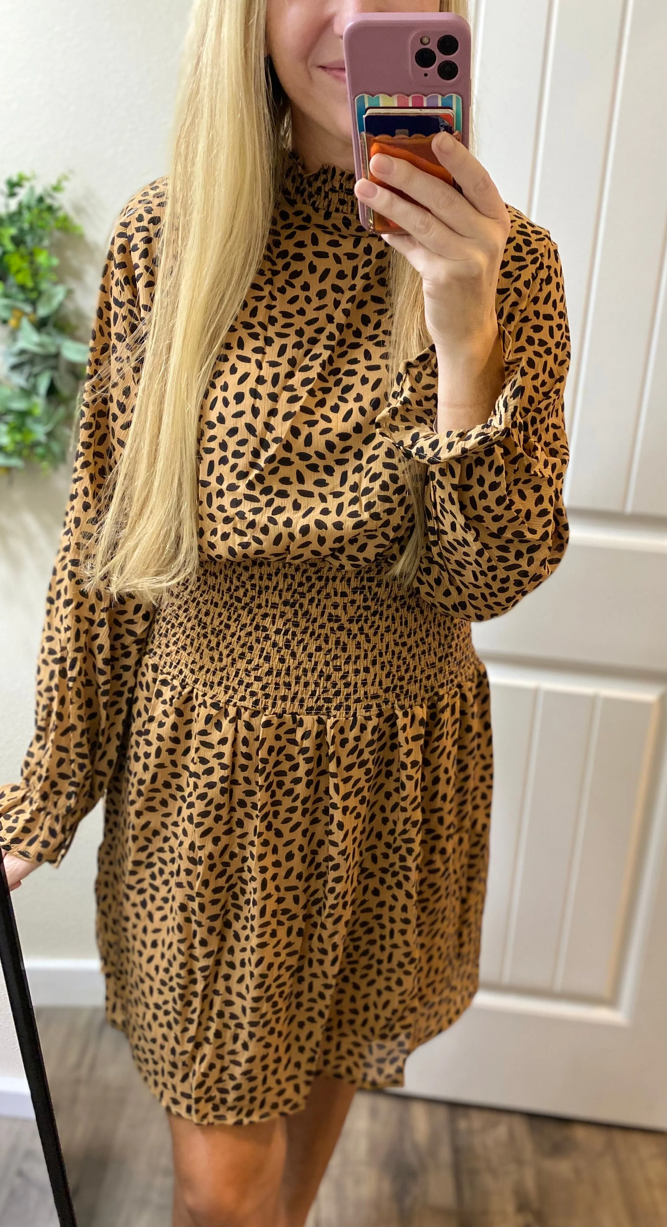 Camel Dot Smocked Dress