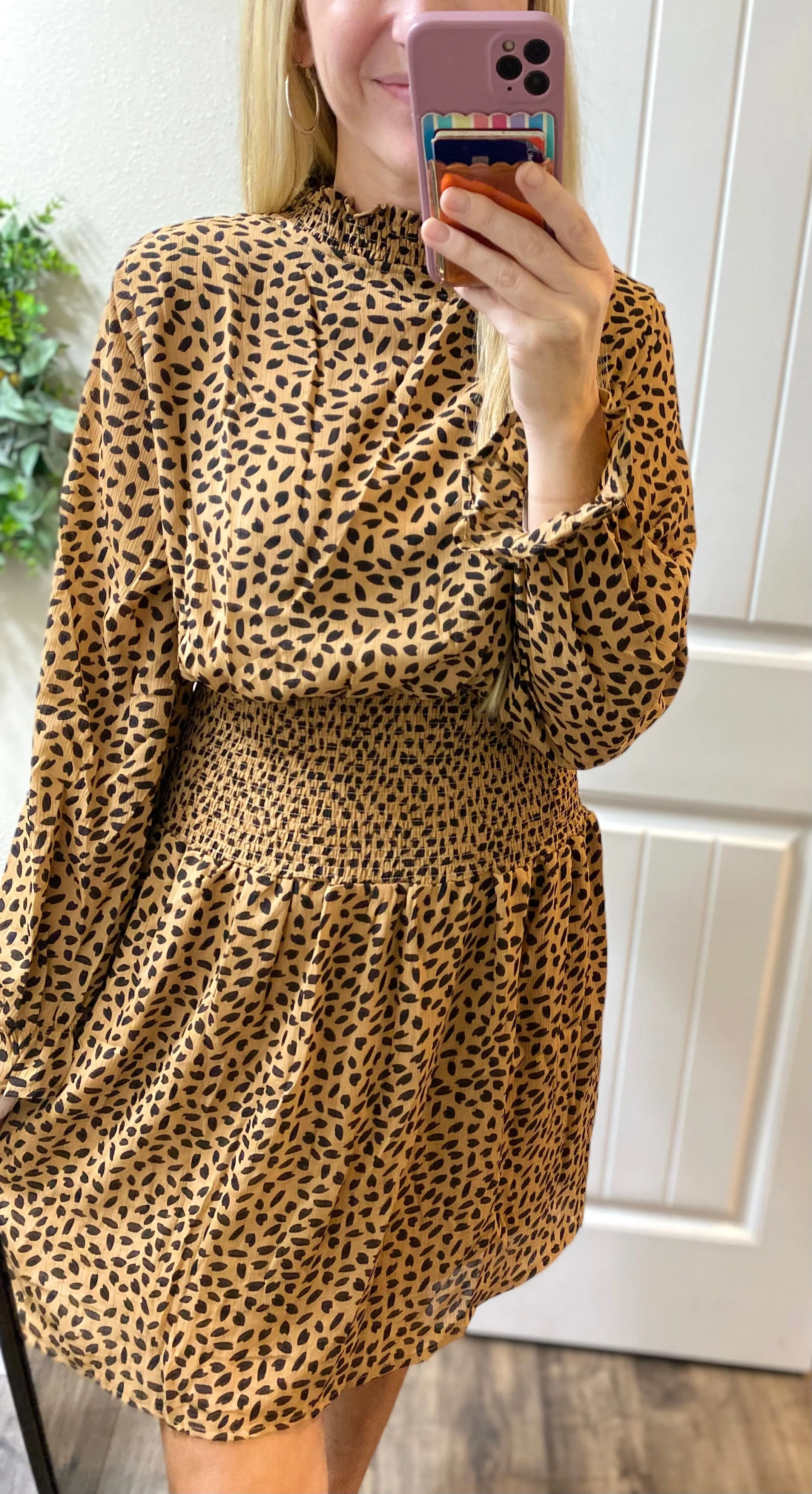 Camel Dot Smocked Dress
