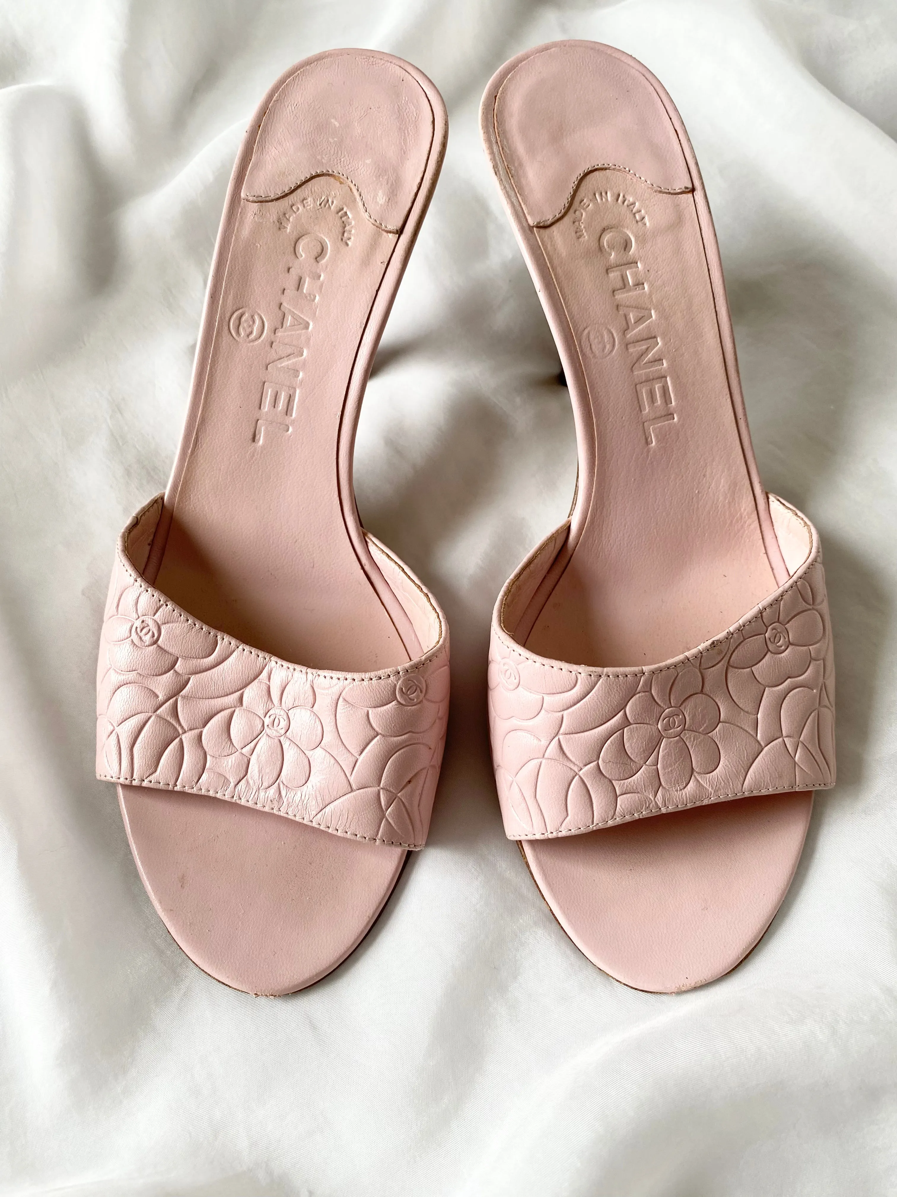 Chanel Pink CC Floral Kitten Mules (6.5)