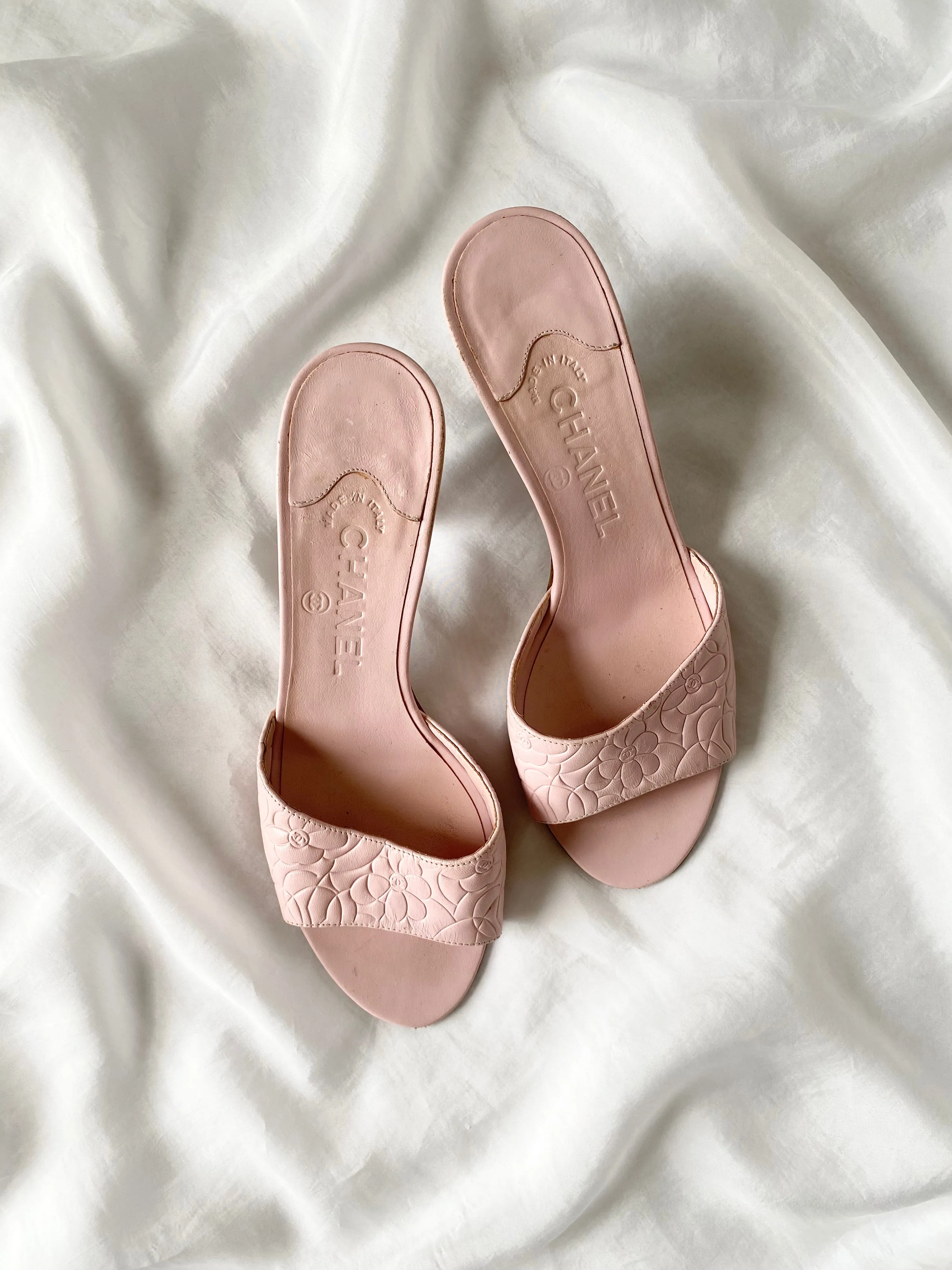 Chanel Pink CC Floral Kitten Mules (6.5)