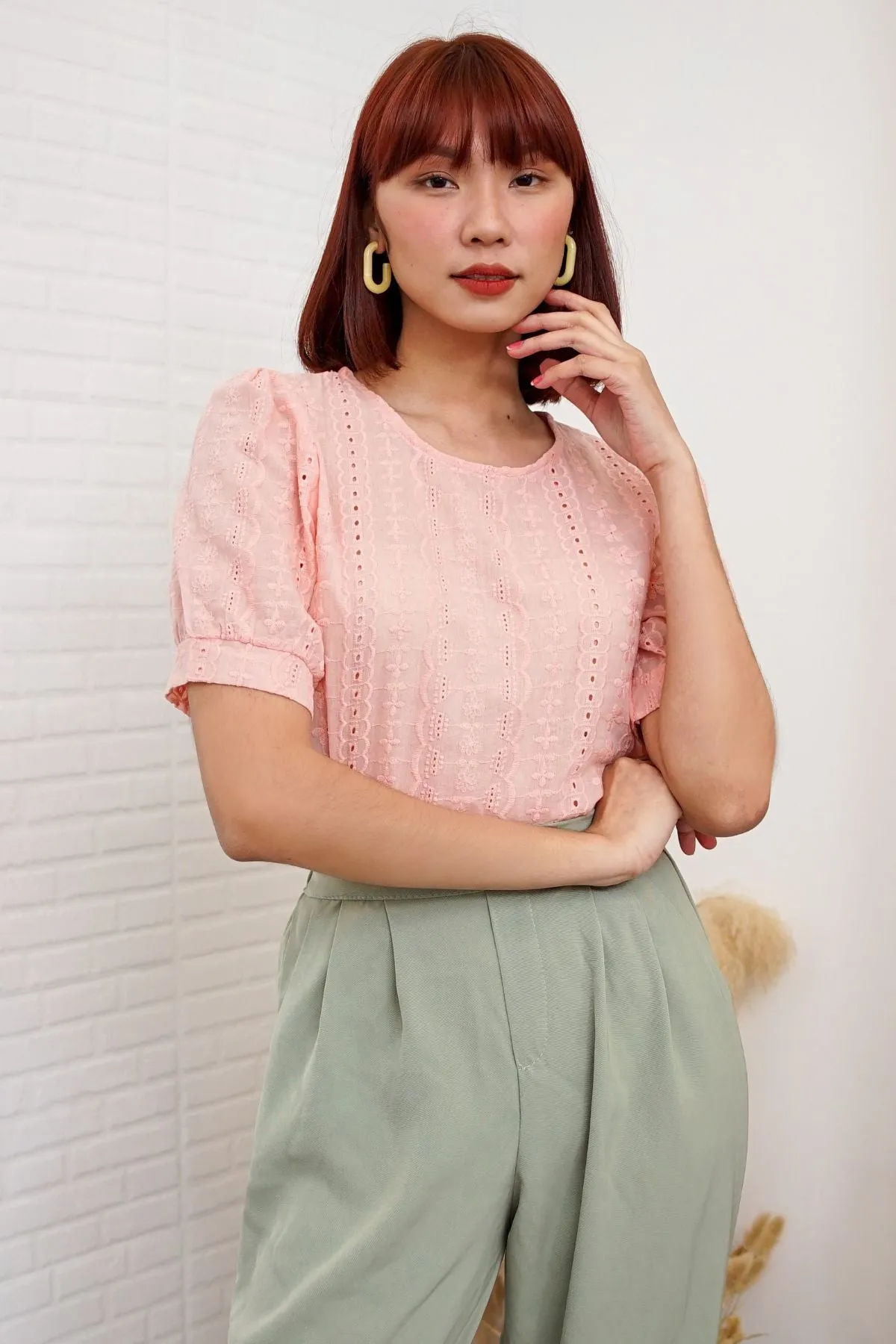 CHARLEE Puff-Sleeve Eyelet Top (Peach)