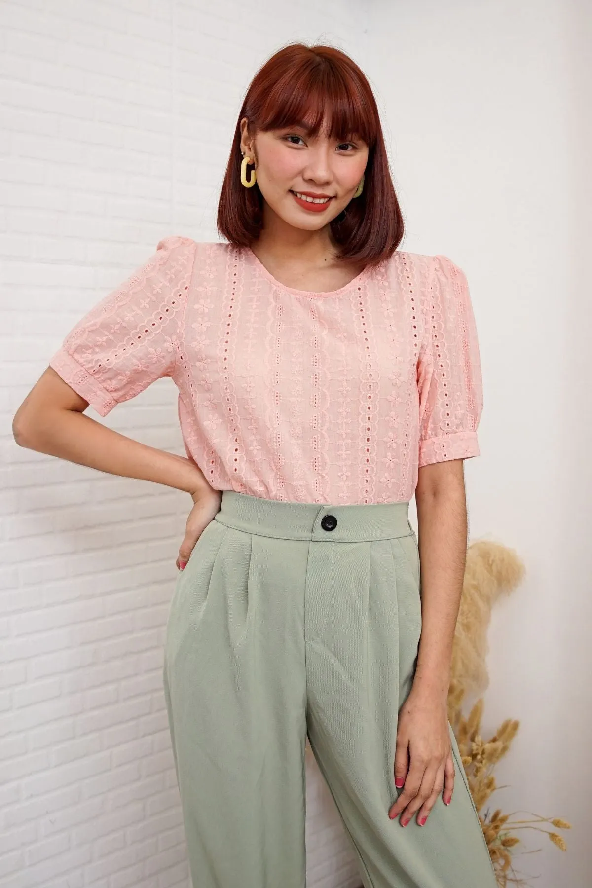 CHARLEE Puff-Sleeve Eyelet Top (Peach)