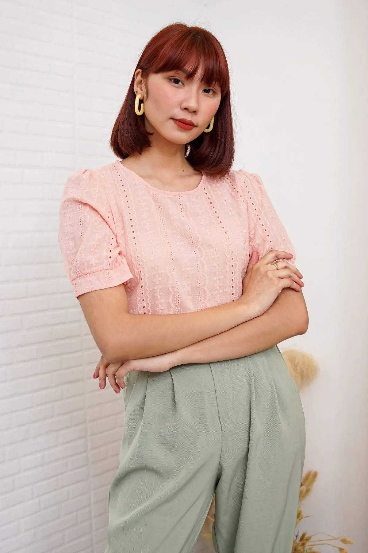 CHARLEE Puff-Sleeve Eyelet Top (Peach)
