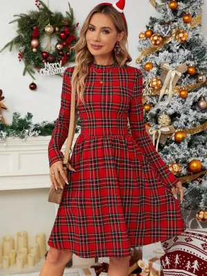 Checkered printed turtleneck long-sleeved dress Christmas new style