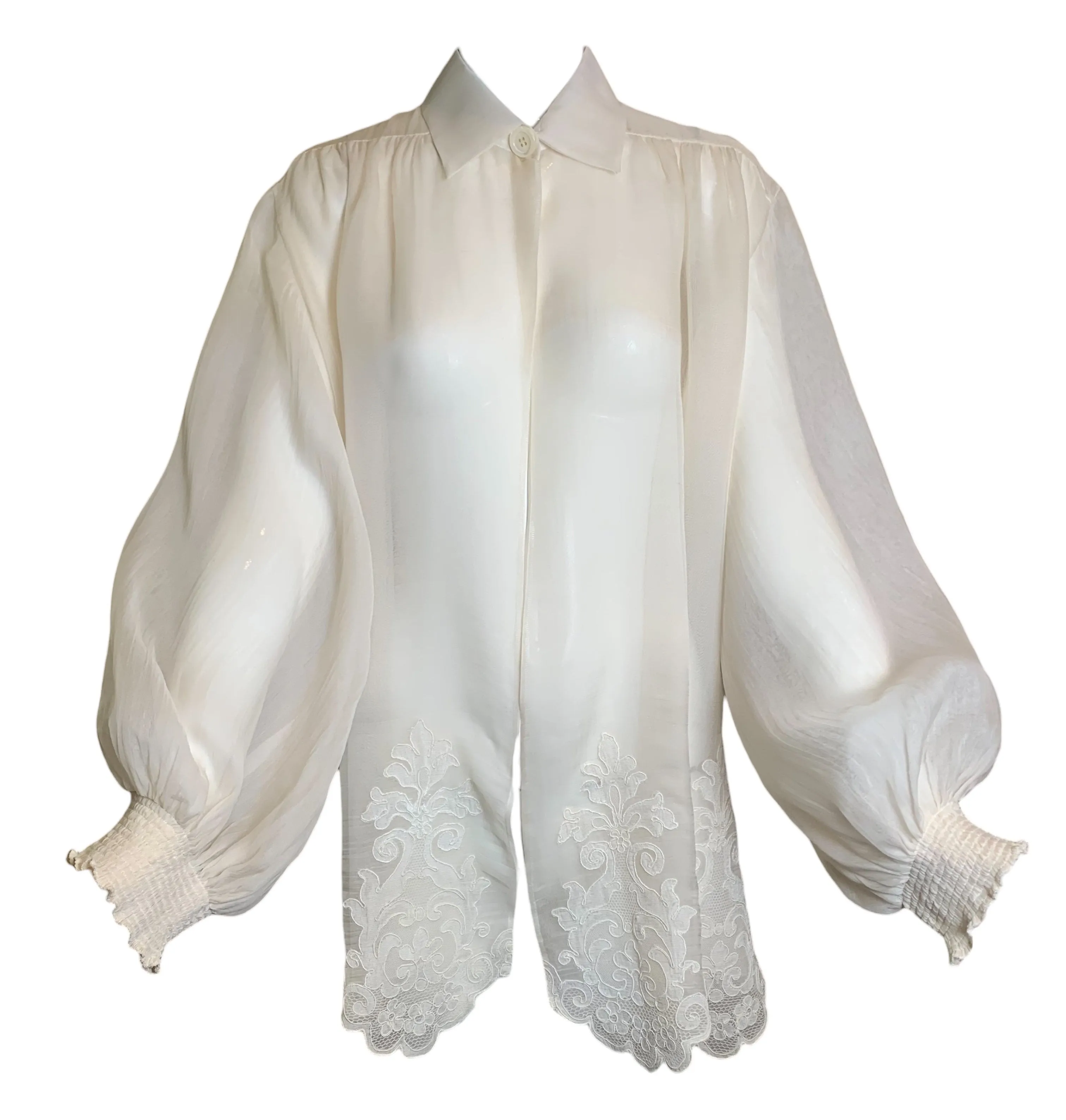 Christian Dior Boutique Cream Silk Organdy Blouse with Guipure Lace Appliques