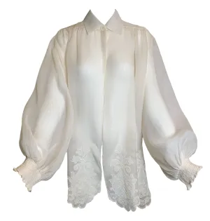 Christian Dior Boutique Cream Silk Organdy Blouse with Guipure Lace Appliques