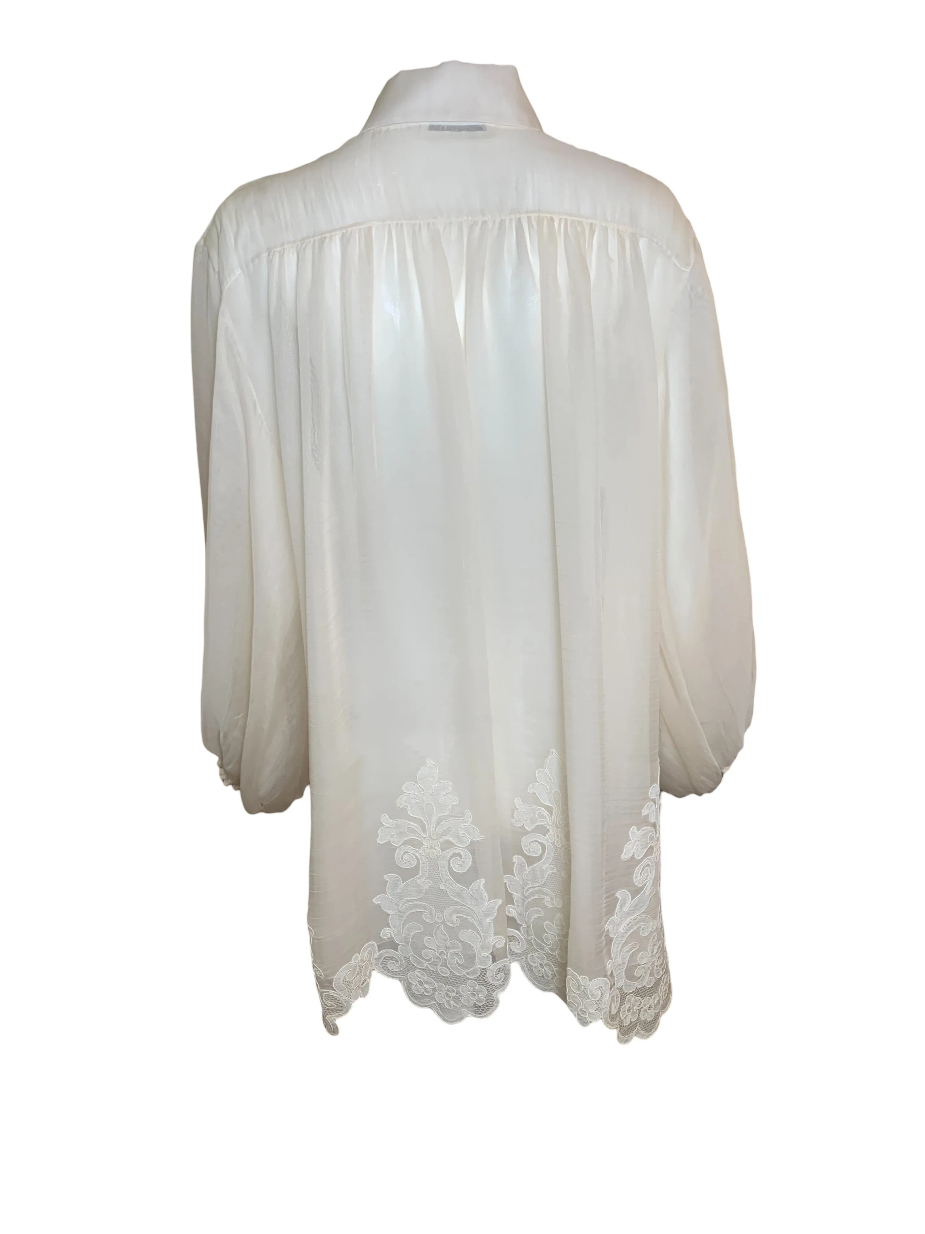 Christian Dior Boutique Cream Silk Organdy Blouse with Guipure Lace Appliques