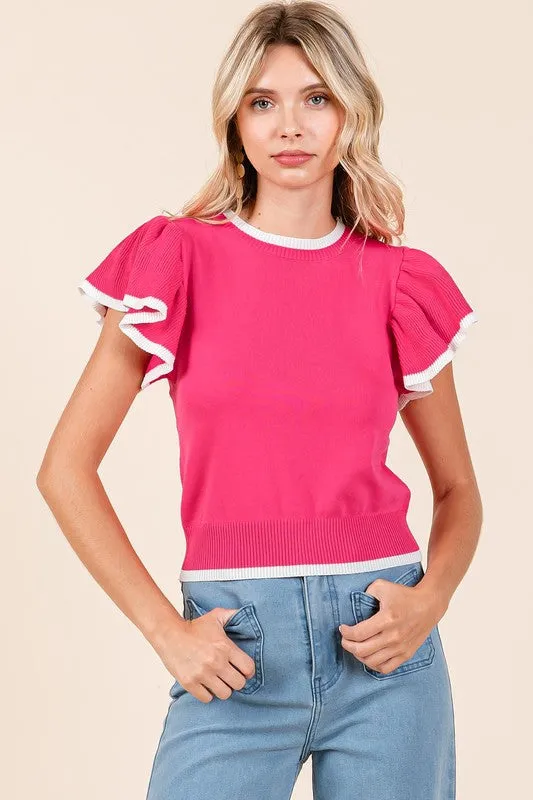 Contrast Trim Ruffled Cap Sleeve Knit Top