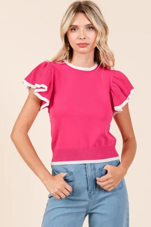 Contrast Trim Ruffled Cap Sleeve Knit Top