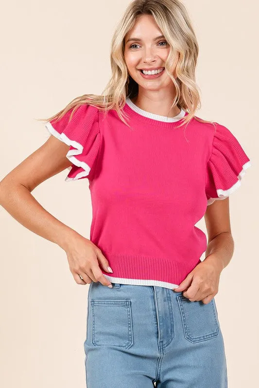 Contrast Trim Ruffled Cap Sleeve Knit Top