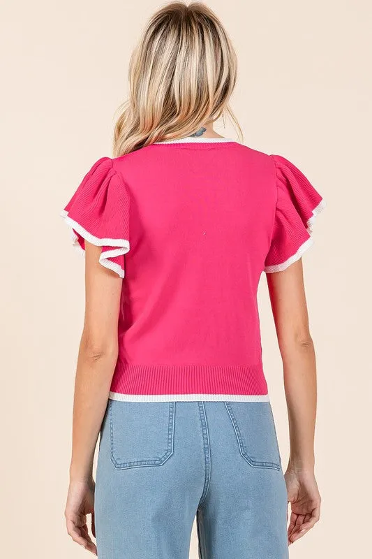 Contrast Trim Ruffled Cap Sleeve Knit Top