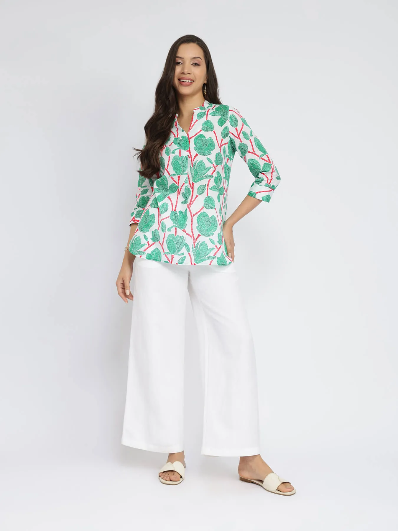 Cotton Floral Pleated Top - Green & Red