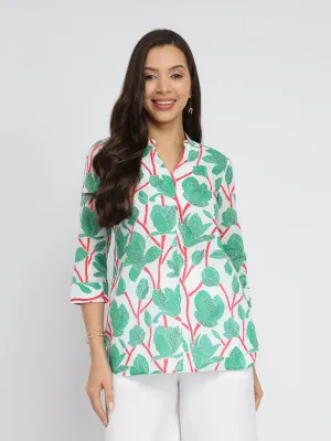 Cotton Floral Pleated Top - Green & Red