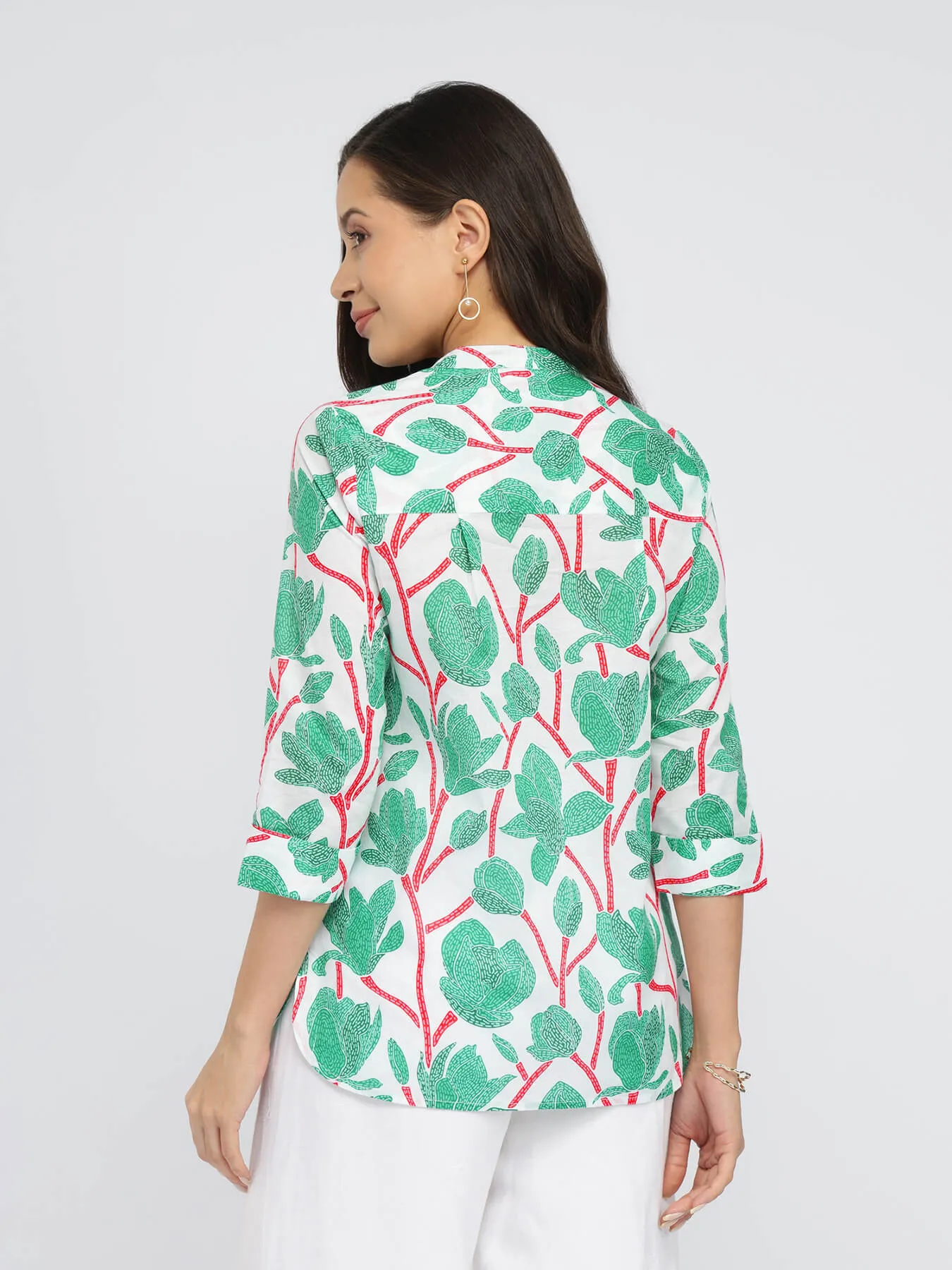 Cotton Floral Pleated Top - Green & Red