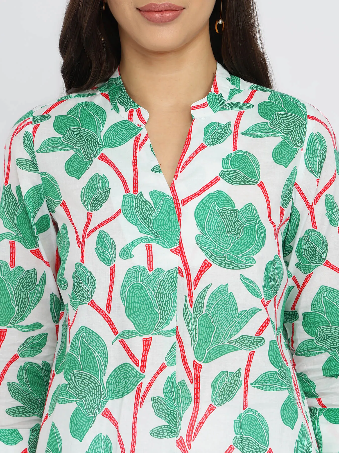 Cotton Floral Pleated Top - Green & Red
