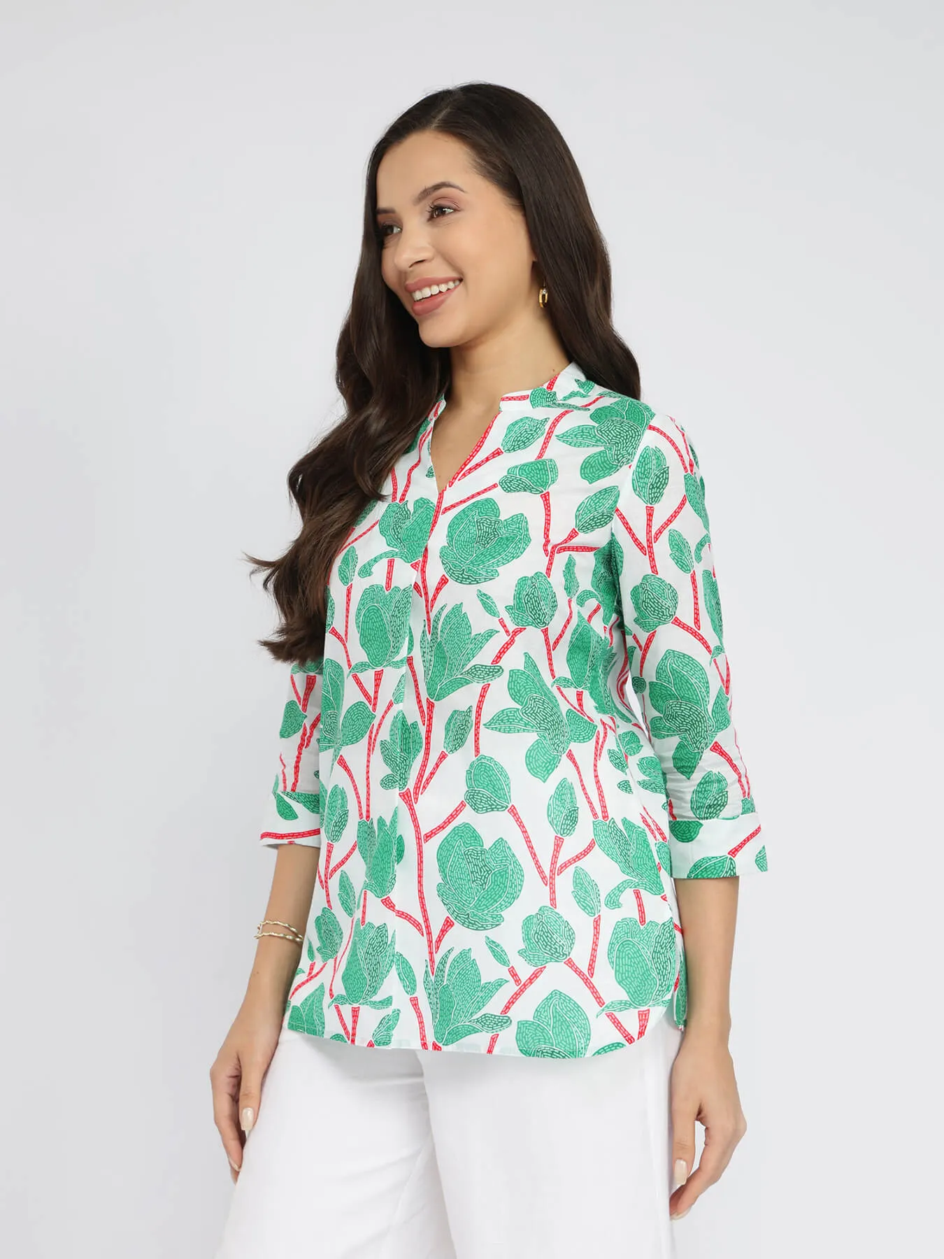 Cotton Floral Pleated Top - Green & Red