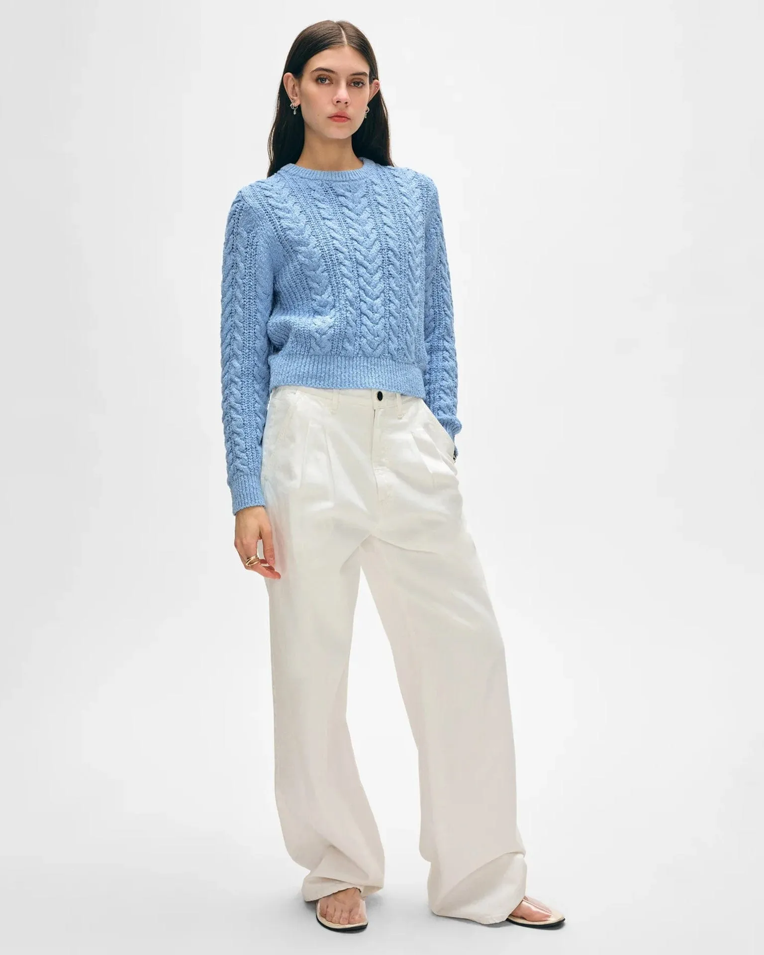 Cotton Slub Cable Crew in Soft Blue