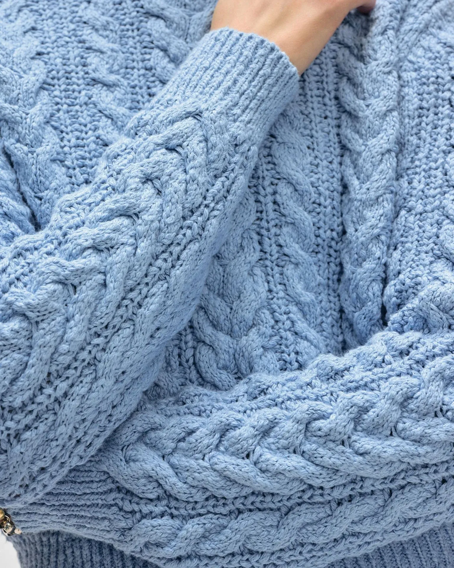 Cotton Slub Cable Crew in Soft Blue
