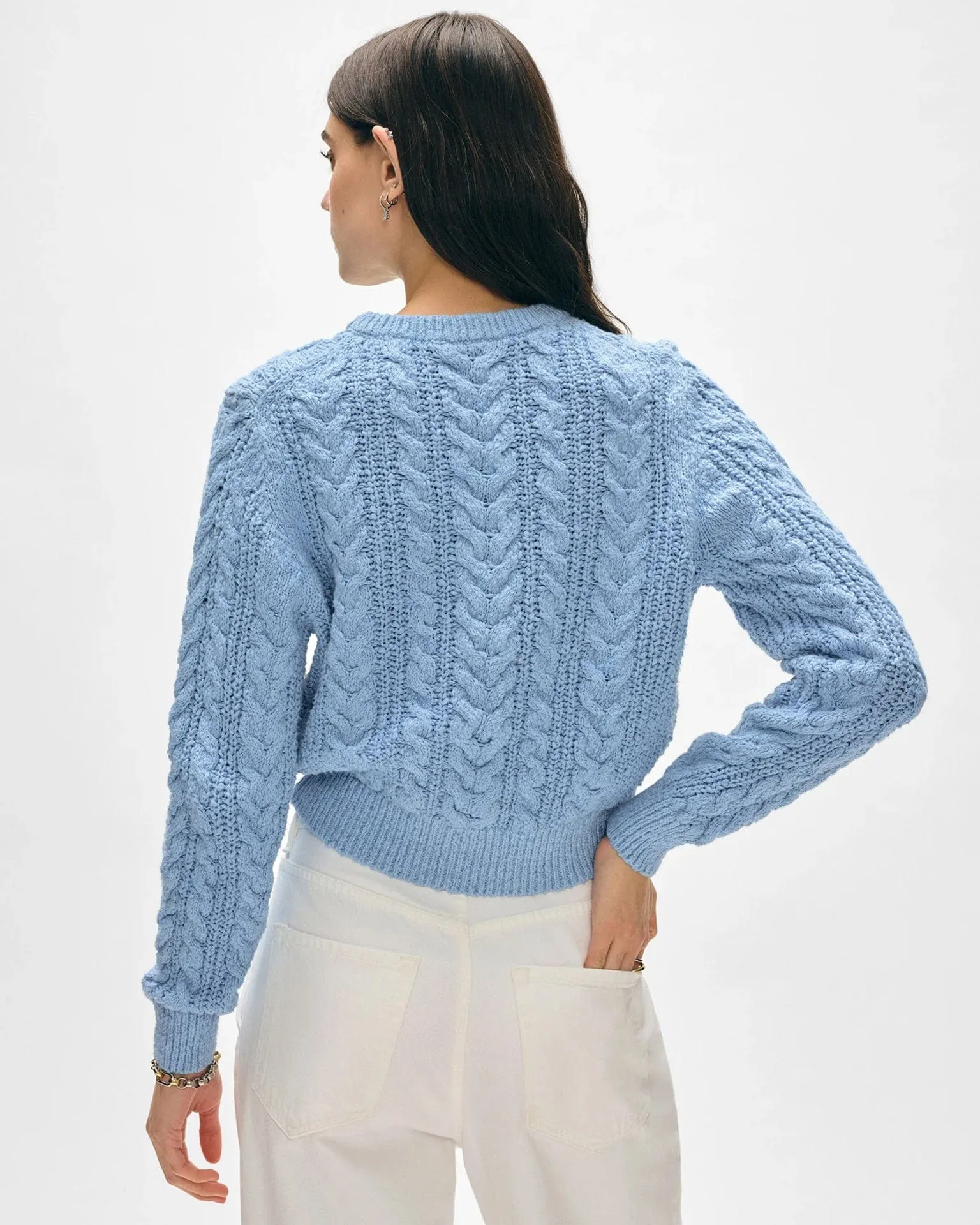Cotton Slub Cable Crew in Soft Blue
