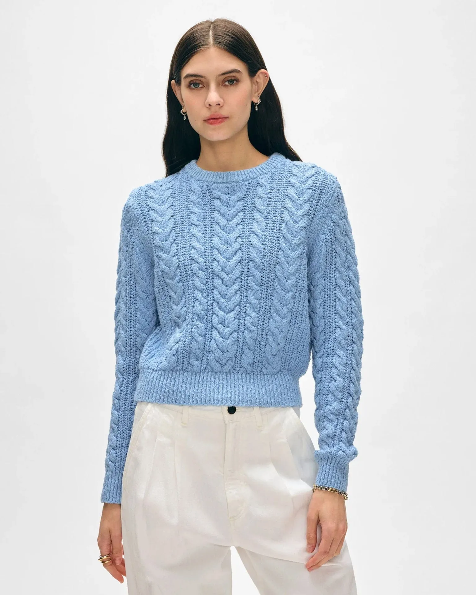 Cotton Slub Cable Crew in Soft Blue