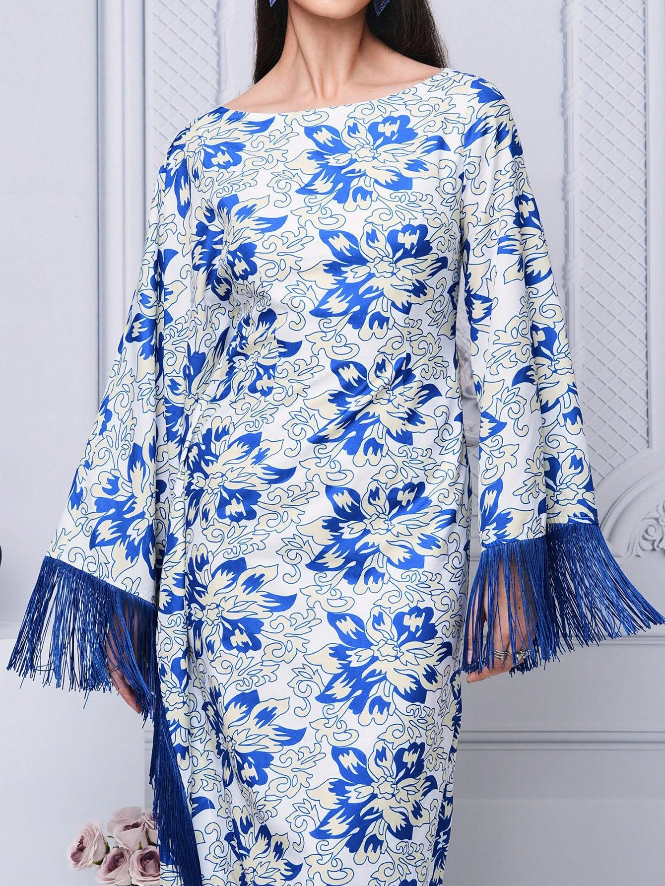 Crew Neck Fringed Print Maxi Dress ME70046X