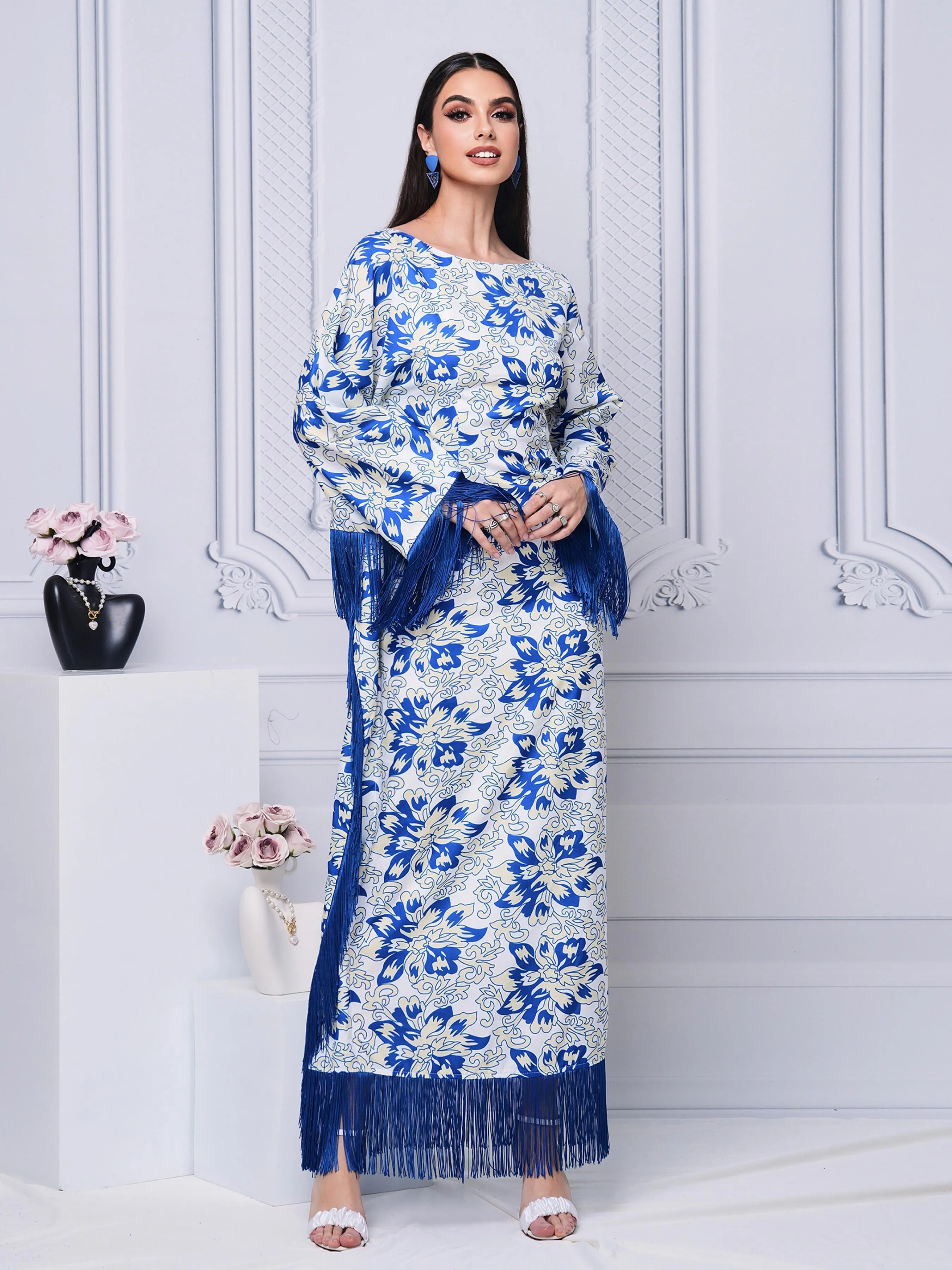 Crew Neck Fringed Print Maxi Dress ME70046X