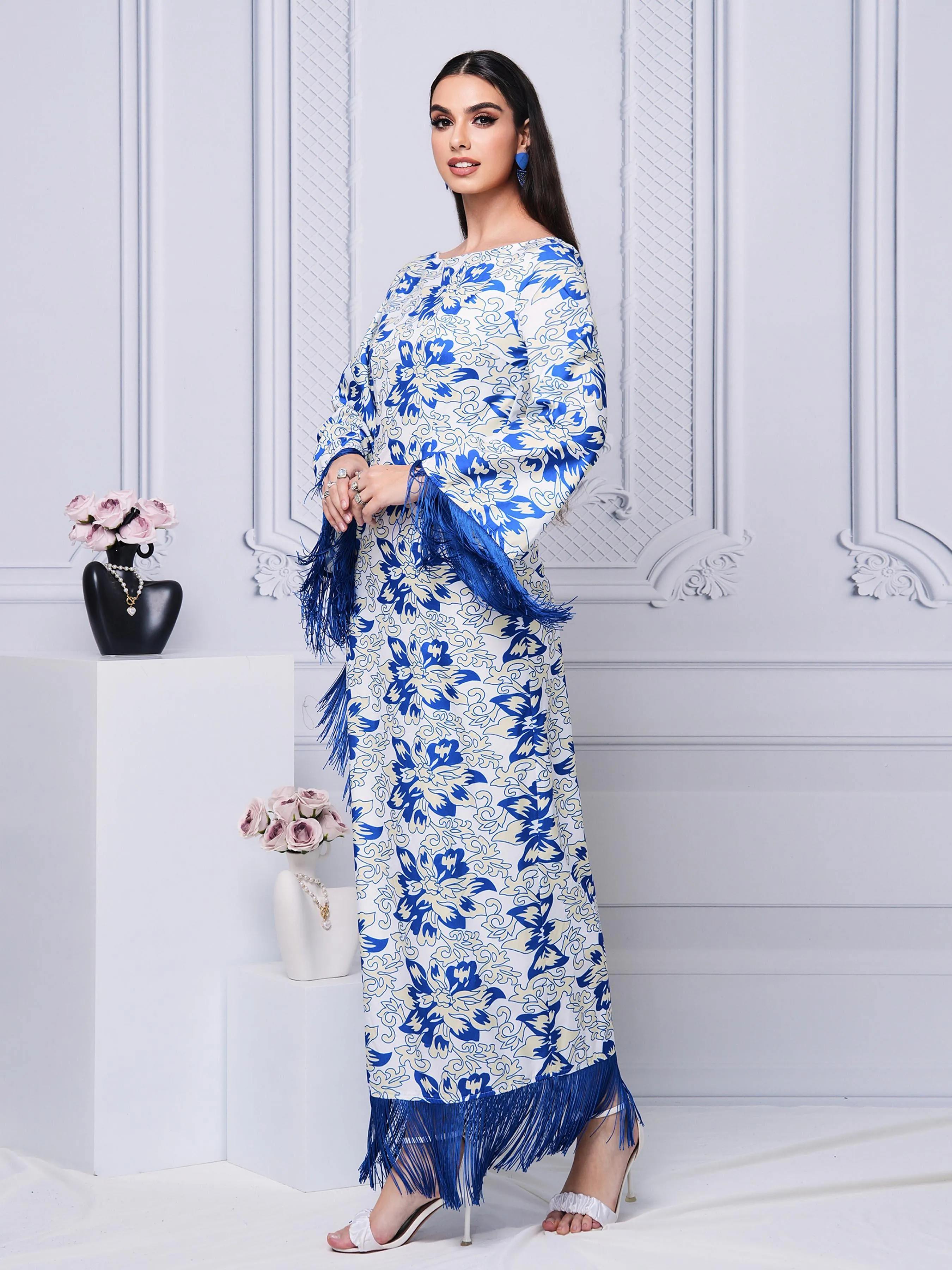 Crew Neck Fringed Print Maxi Dress ME70046X