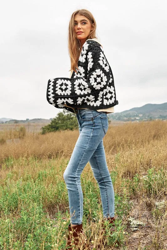 DAVI & DANI Two-Tone Floral Square Crochet Open Knit Cardigan